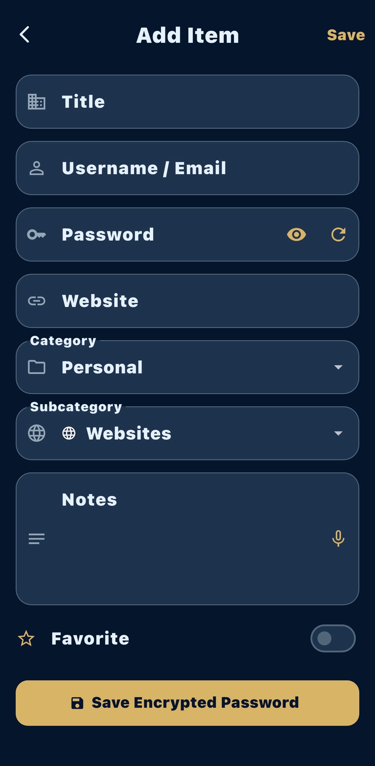 Password Bunker Pro add item screen with fields for title, username, password, website, category, and notes