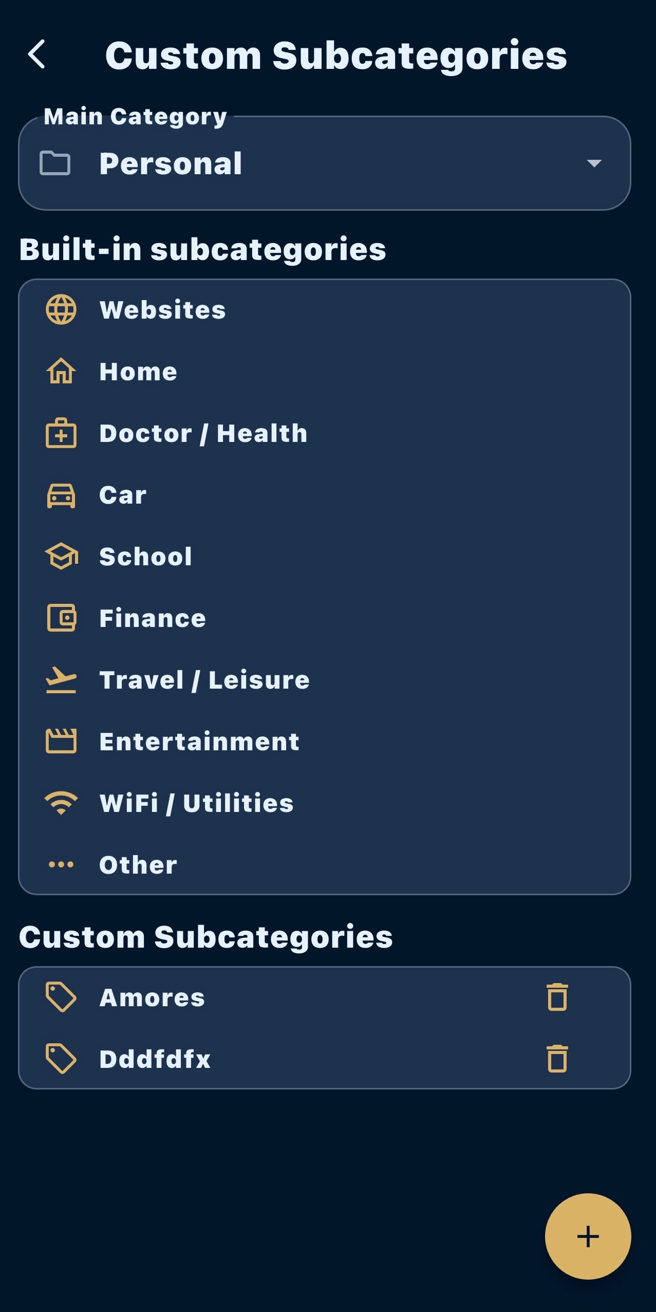 Password Bunker Pro custom subcategories management screen
