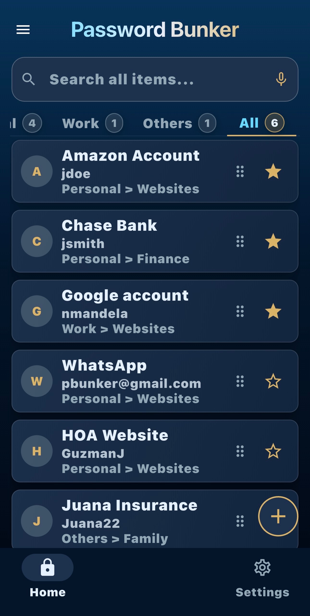 Password Bunker Pro home screen with sample records