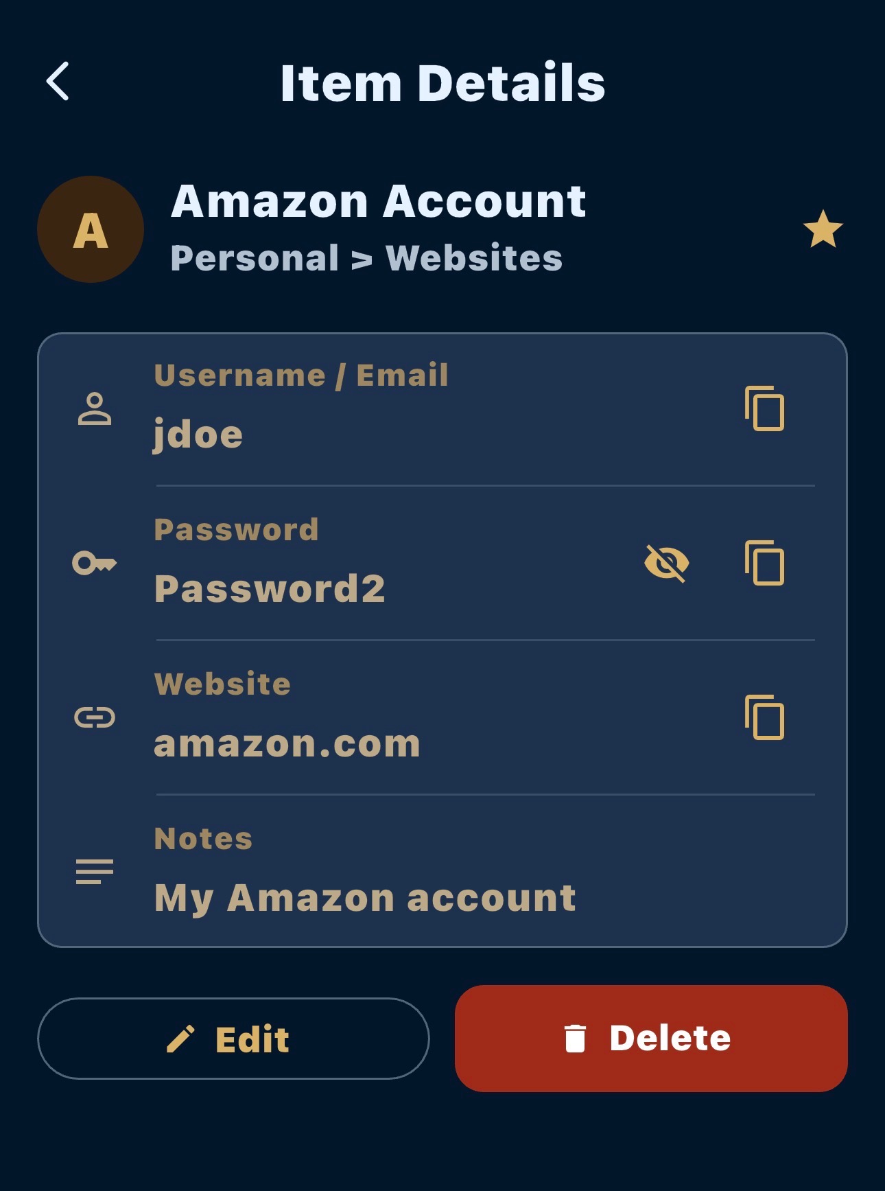 Password Bunker Pro Item Details screen for an account
