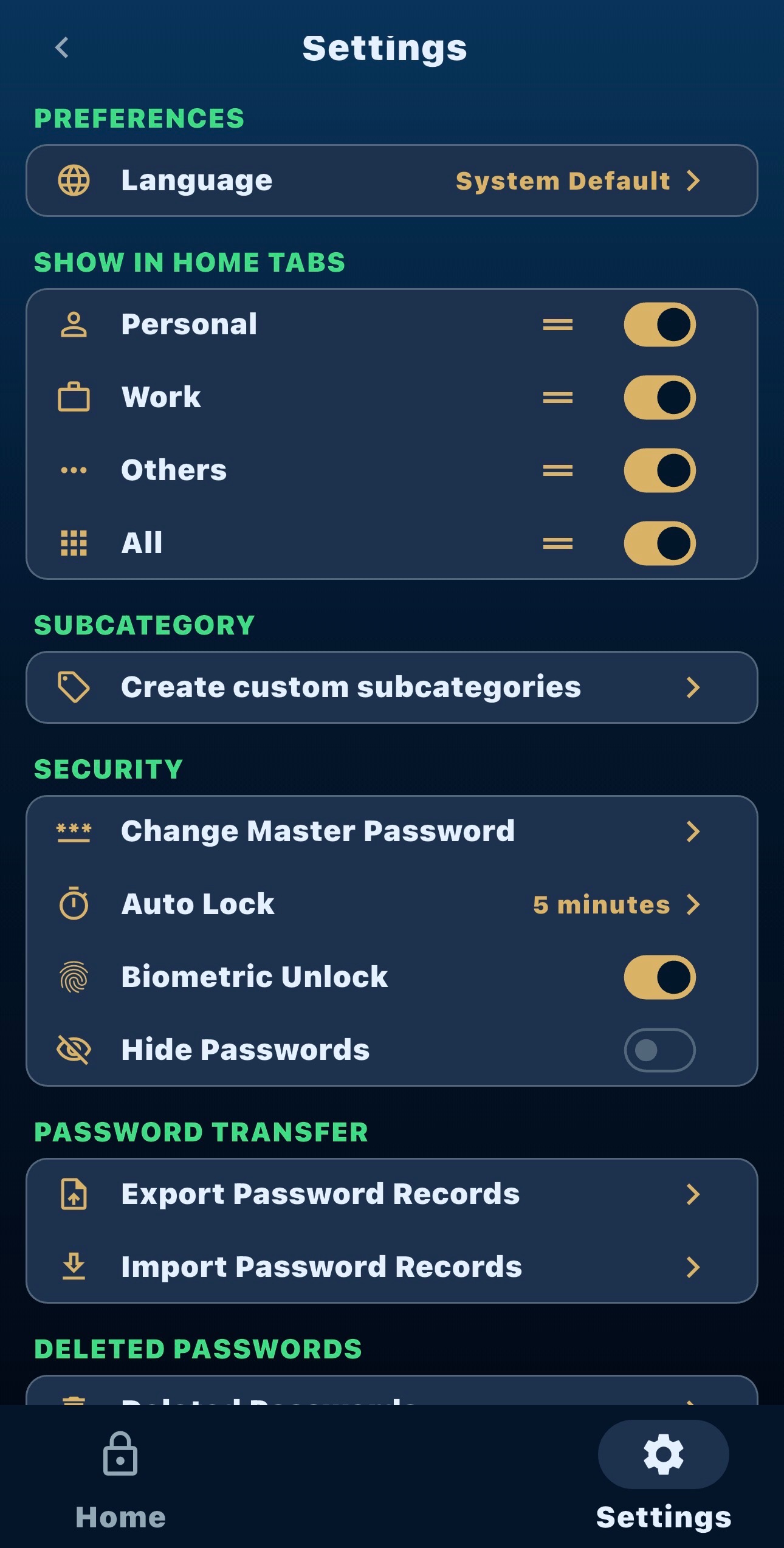 Password Bunker Pro settings screen with language, tabs, master password, auto lock, biometric unlock, import, and export options